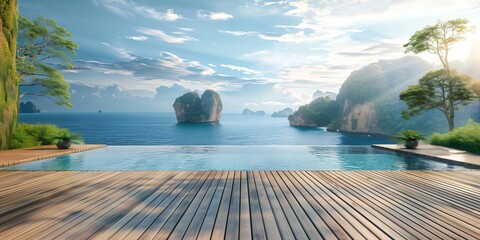 Serene wooden deck leads an infinity pool overlooking ocean surrounding landscape lush greenery adding touch nature tranquil getaway