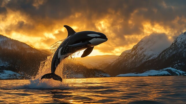 Design an evocative scene of an orca making a powerful leap from the ocean at sunset