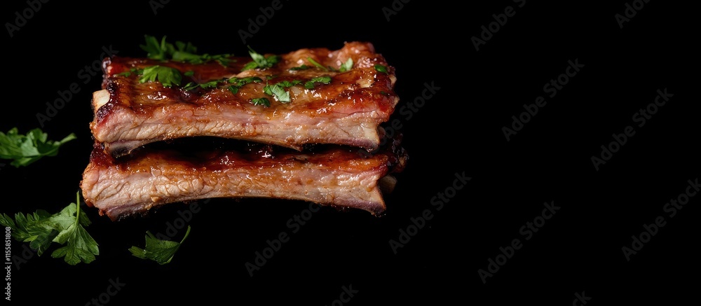 Poster barbecue ribs with parsley garnish on black background featuring empty space for text or menu descri