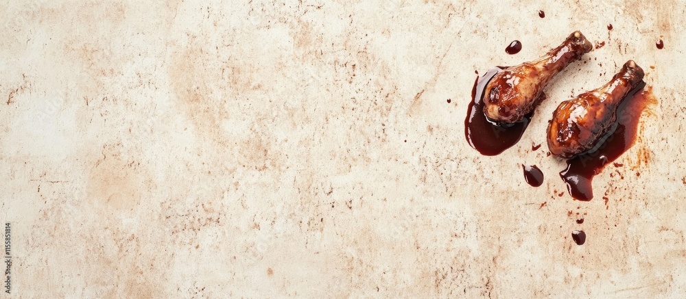 Poster grilled chicken drumsticks glazed with barbecue sauce on rustic background with space for custom tex