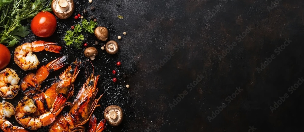 Poster grilled shrimp mushrooms and tomatoes arranged on a dark surface with empty space for text perfect f