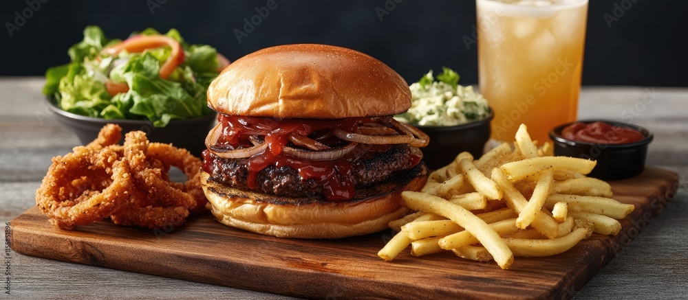 Poster delicious barbecue burger with onion strings french fries caesar salad and refreshing lemonade serve