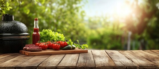 Backyard barbecue setup with grill, fresh vegetables, and picnic items in a sunlit terrace with space for text or branding