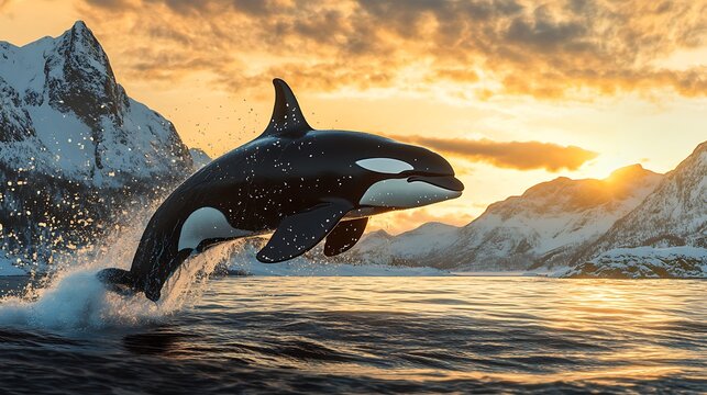 Design an evocative scene of an orca making a powerful leap from the ocean at sunset