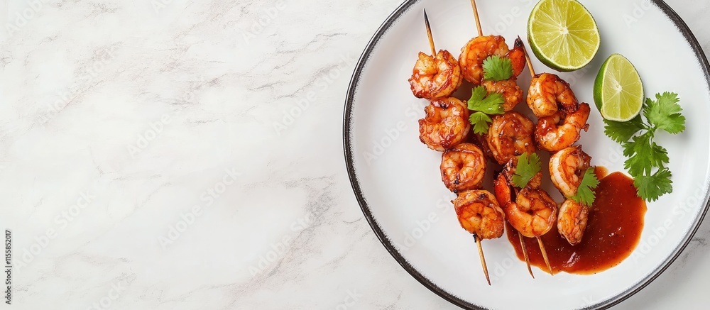 Aufkleber barbecued shrimp skewers with lime and sauce on plate with copyspace for text horizontal food presen