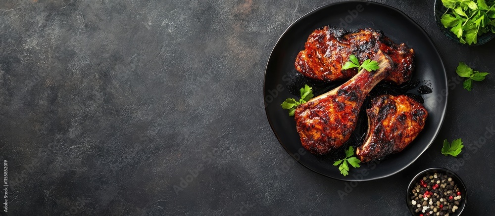 Poster barbecued pork chops with modern glaze and fresh herbs on dark background with blank space for text 