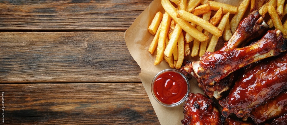 Poster Barbecue spare ribs and chicken wings served with French fries on a rustic wooden table with empty space for text or menu options