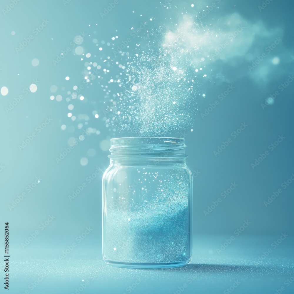 Poster sparkling glitter exploding from a glass jar.