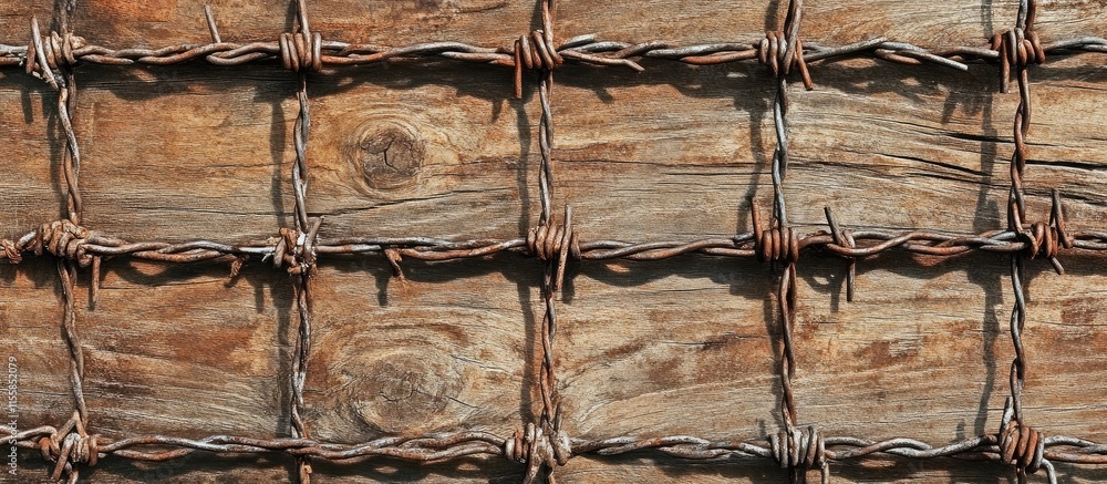 Aufkleber barbed wire fence top view featuring coils and wooden background with empty space for custom text or