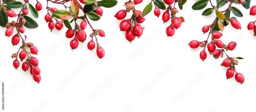 Poster fresh red barberry berries on green branches isolated on white background with ample copy space for 