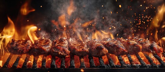 Barbecue grill with flames and sizzling meat outdoors creating a vibrant atmosphere with ample space for your text or advertisement