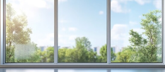 Naklejka premium Modern double glazed aluminum window design showcasing bright outdoor view with ample copyspace for promotional text or advertising content