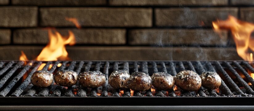 Outdoor barbecue scene featuring charcoal grill with mushrooms cooking over flames and space for text, ideal for culinary or party themes