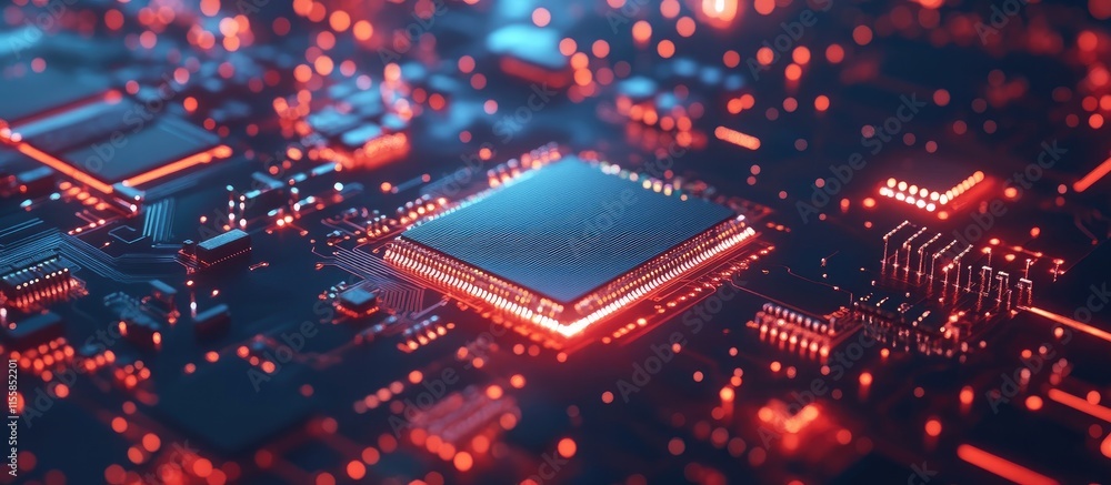 Poster abstract digital circuit board assembly with red glowing lights and blank space for technology text 