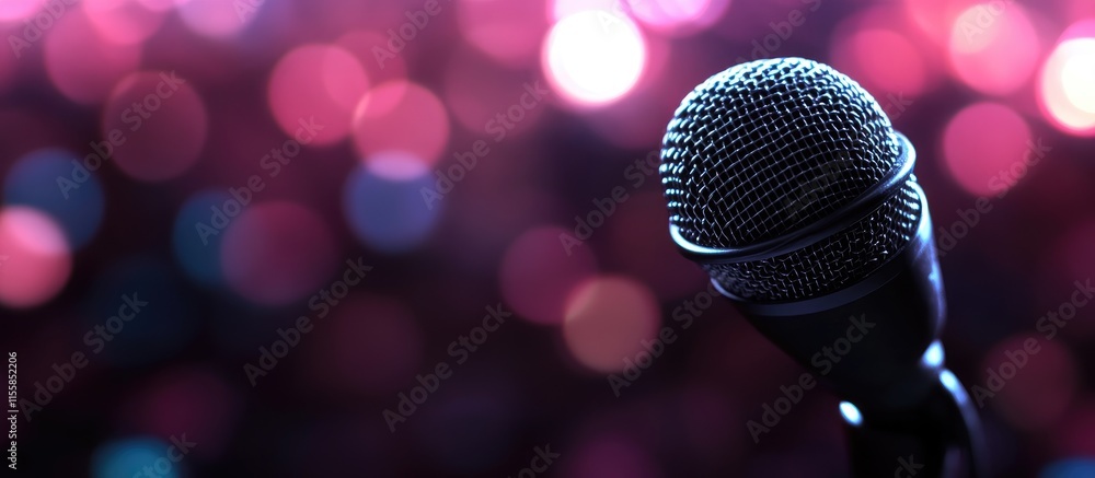Poster black desktop microphone with blurred bokeh background ideal for text placement and creative concept