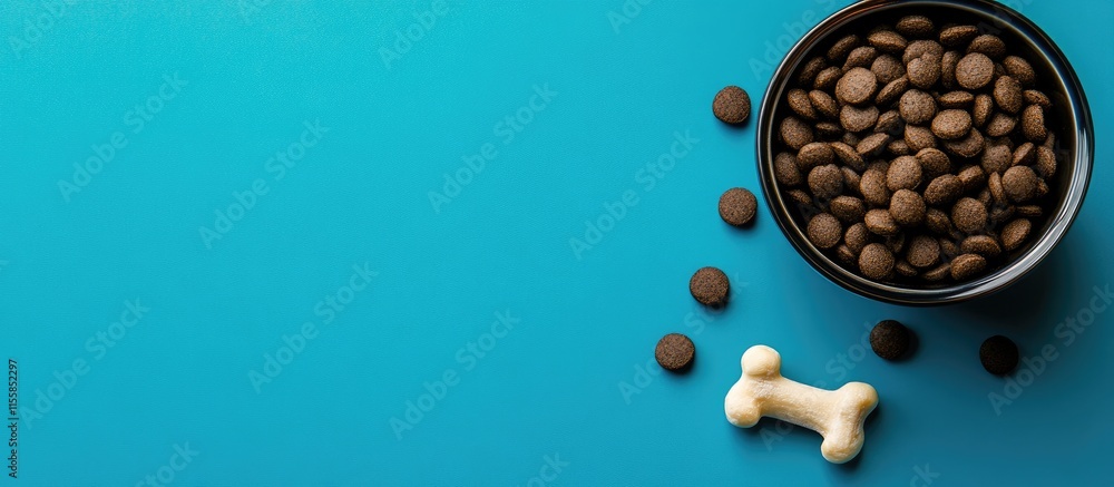 Poster Dry Pet Food with Bone in Bowl on Blue Background Ideal for Web Card Design with Empty Copy Space for Text on Right Side