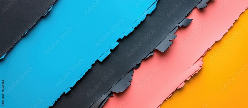 Poster black foam fragments on vibrant colorful paper background with blank copyspace for text and creative