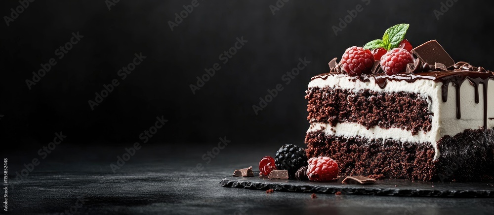 Aufkleber delicious black forest cake slice with chocolate garnish and fresh berries on dark background empty 
