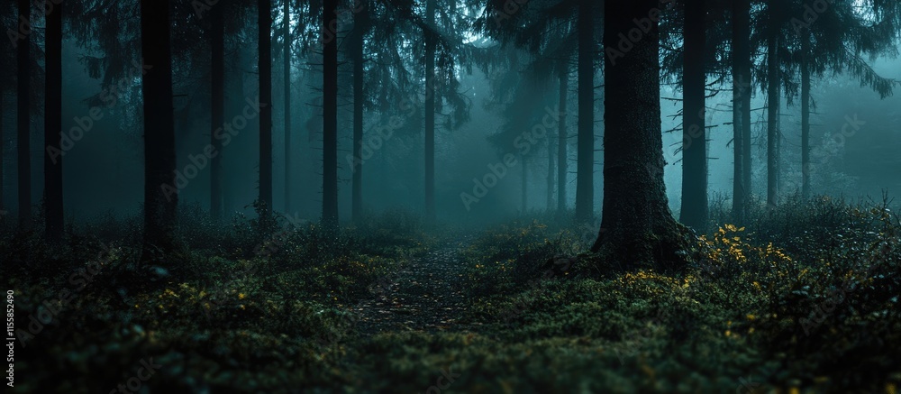 Poster dark mysterious forest background with textured trees and empty copyspace for creative use in design