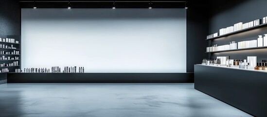 Beauty Retail Shop Interior with Modern Black Floor Display Shelves Organized for Promotional Sales and Empty Wall Space for Custom Text