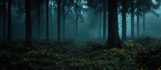 Obraz premium Dark Mysterious Forest Background With Textured Trees and Empty Copyspace for Creative Use in Design Projects