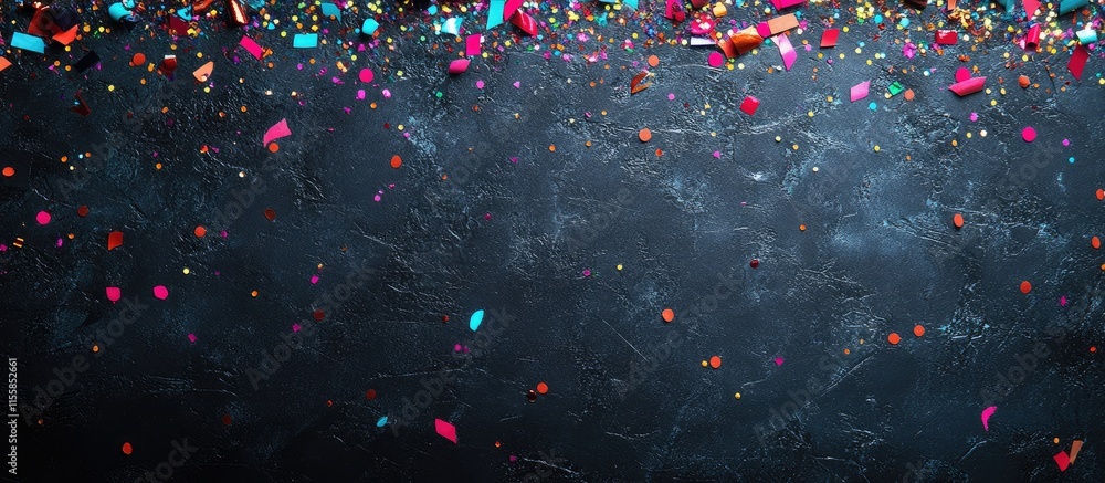 Poster black friday festive backdrop with colorful confetti border on textured dark surface and ample copys