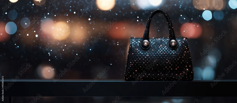 Poster black handbag on shelf with bokeh effect and empty space for custom text display