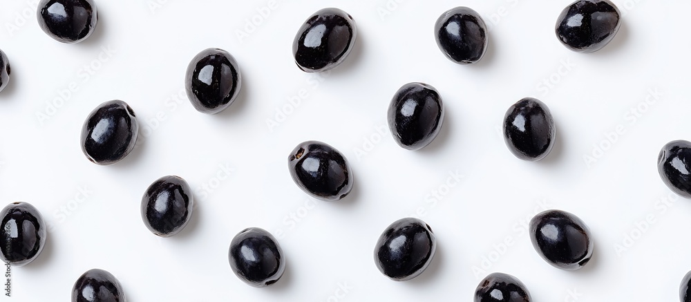 Poster black ripe olives arranged on white background natural top view with space for text and design eleme