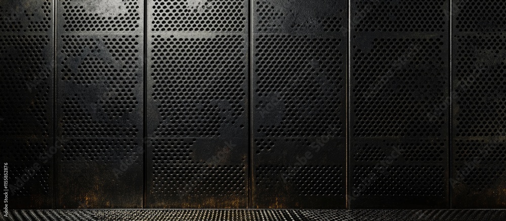 Poster metal perforated wall with industrial texture and space for custom text display