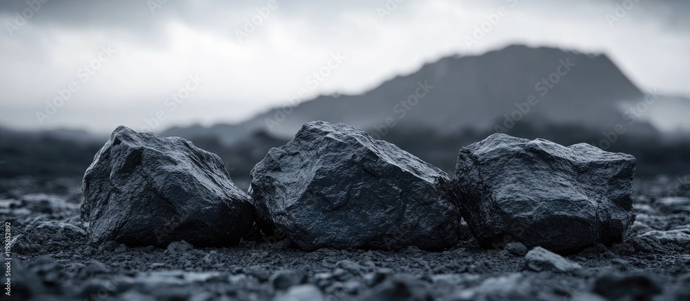 Aufkleber black rocks in foggy landscape with blurred clouds and sky creating space for text for nature or out