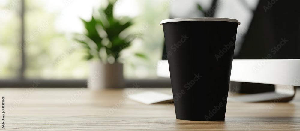 Poster black cup on wooden desk beside computer with blurred office background and empty space for text or 