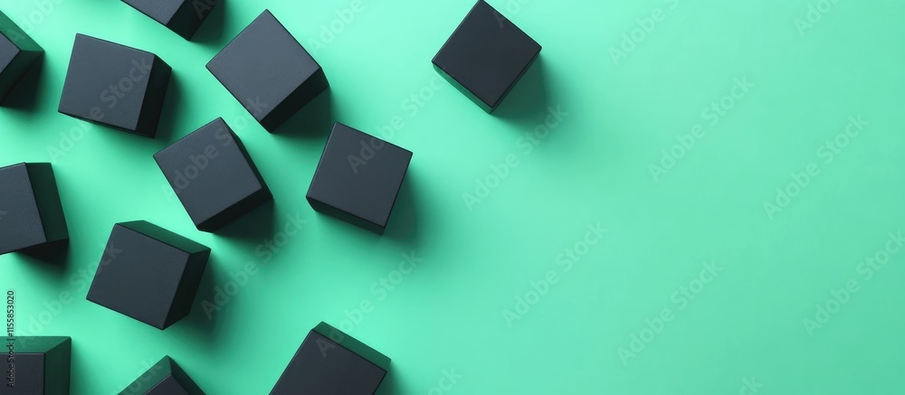 Poster black geometric cubes scattered on a mint green background creating a modern abstract composition wi
