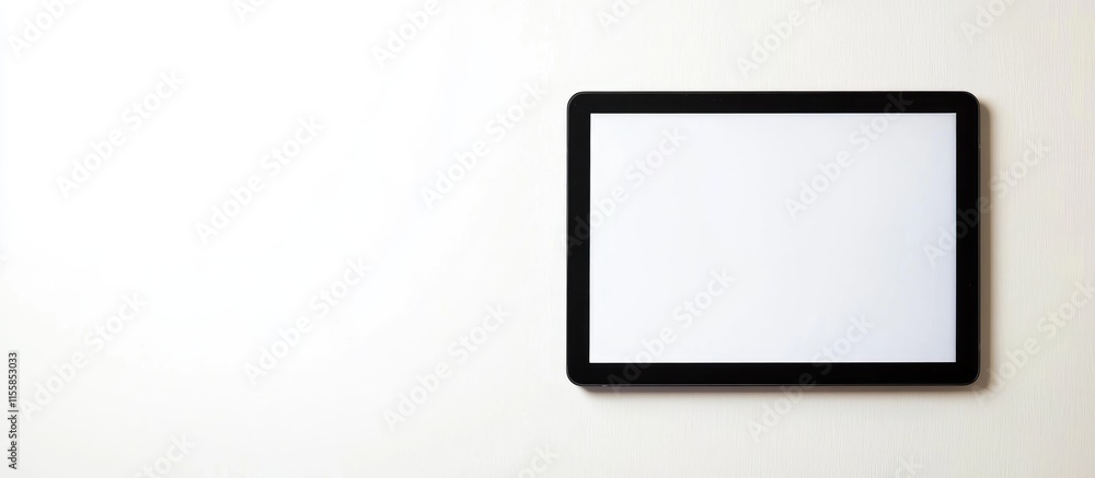 Poster black digital tablet on a white background with ample copyspace for text highlighting technology and