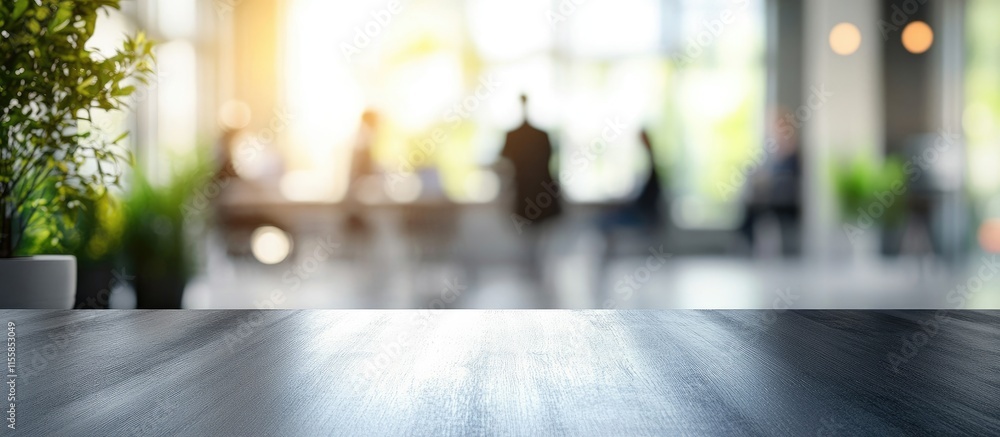 Poster Black desk with blurred background of businesspeople in a holistic healthcare setting showcasing bokeh effect and empty copyspace for text
