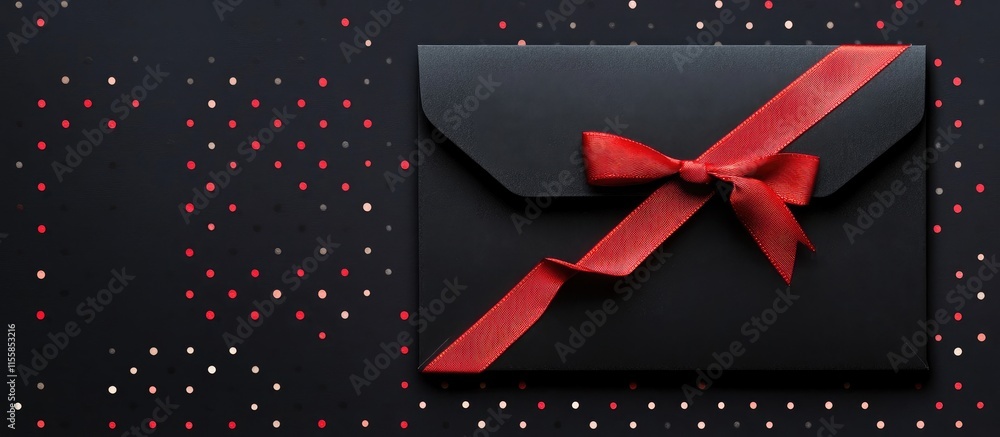 Poster elegant black envelope with red ribbon on polka dot background featuring ample copyspace for persona