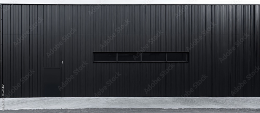 Poster industrial factory building with black exterior showcasing minimalist design and empty copyspace for