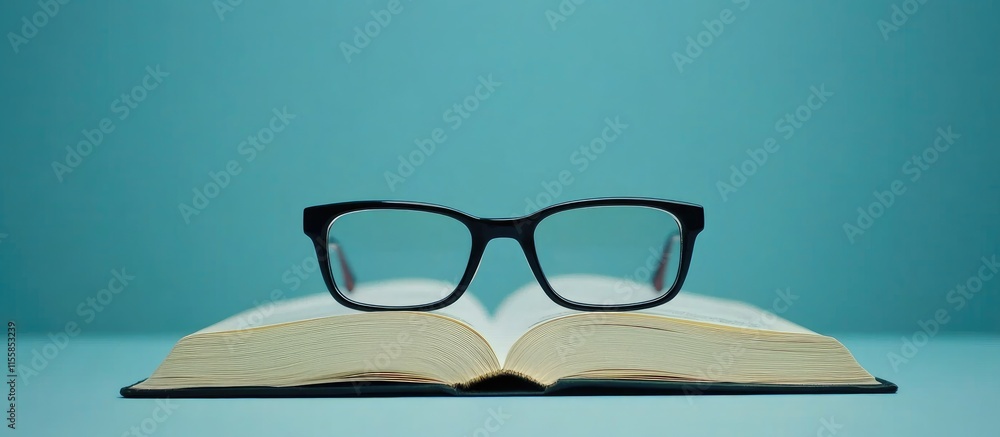 Aufkleber black eyeglasses on an open book with blue background representing education and business concepts f