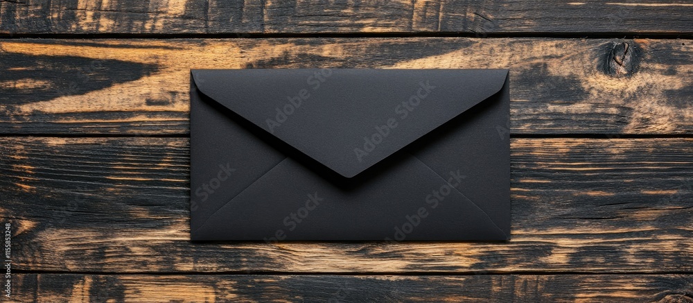 Poster Black envelope placed on rustic wooden table, creating a perfect space for adding custom text or messages. Ideal for personal or business use.