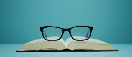 Black eyeglasses on an open book with blue background representing education and business concepts...