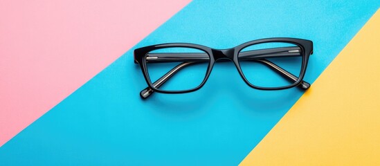 Black eyeglasses on vibrant colored background with ample copyspace for text showcasing simplicity and style in eyewear photography