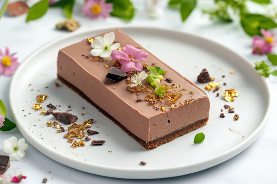 Minimalist arrangement of a rectangular mocha mousse pastry on a sleek white plate, garnished with edible flowers and gold-dusted chocolate shards.