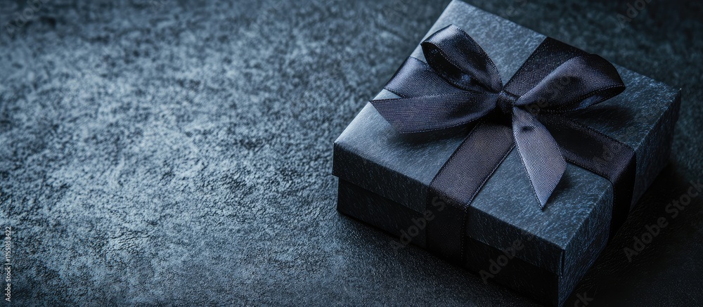 Poster elegant black gift box with dark ribbon positioned on a textured black background showcasing ample s