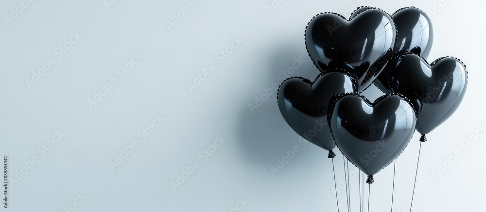 Poster black heart shaped balloons symbolizing somber occasions with ample empty space for custom text or m