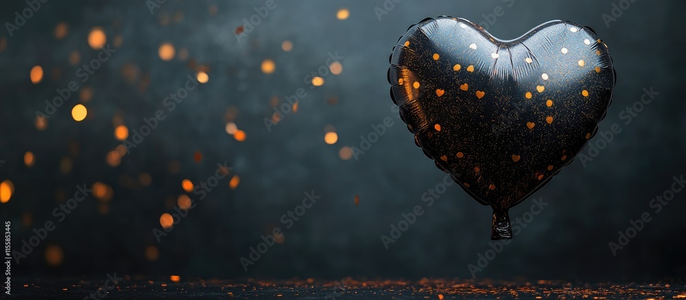 Poster heart-shaped black balloon with golden confetti floating on a dark background creating a versatile s