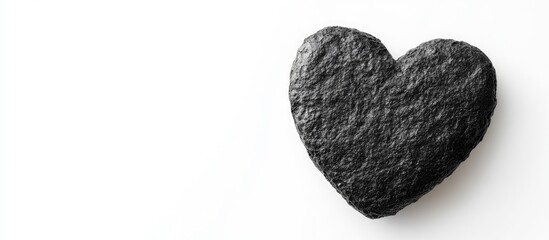 Black heart shaped stone on white background for creative designs and text placement concepts