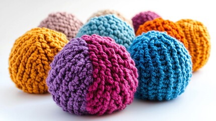 Colorful crocheted balls on a white background.