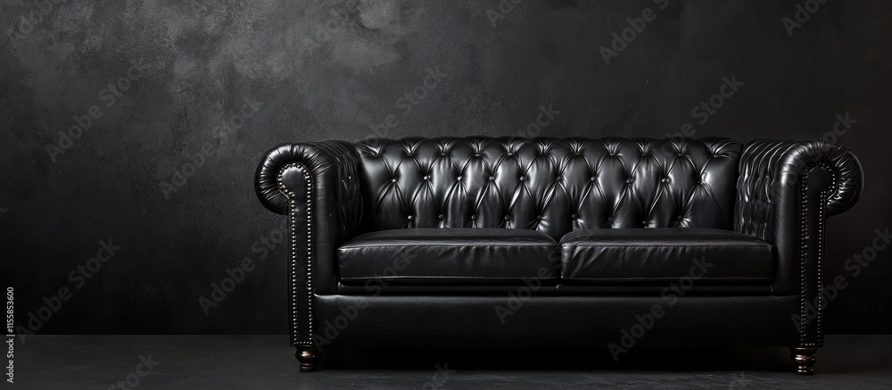 Poster retro black leather sofa against a dark textured wall with ample empty space for text or branding pl
