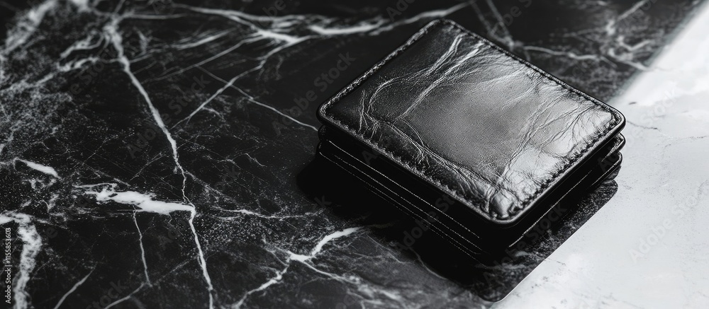 Poster elegant black leather wallets displayed on a polished marble surface with ample space for customizat