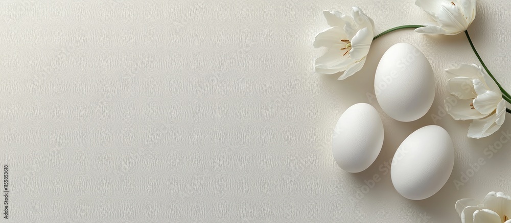 Poster elegant minimalist easter arrangement featuring white eggs and tulips on soft background with empty 