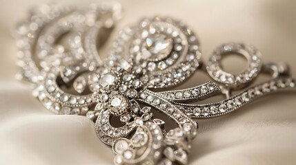 A close-up of a diamond-studded silver brooch with vintage designs, highlighted on a light cream background.